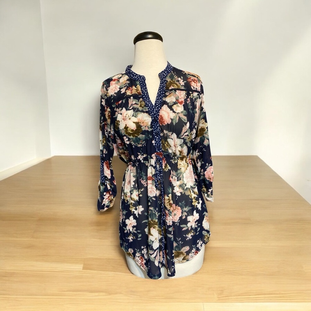 Siren Lily Maternity Women Dress Navy Floral Drawstring Waist  3/4 sleeves small